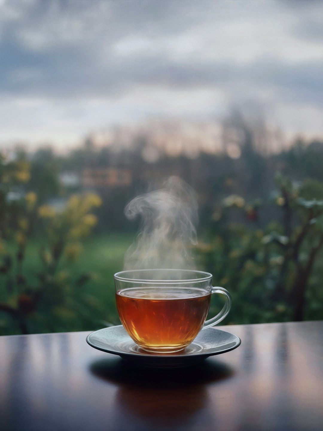 Steaming amber tea in a glass cup rests on a wooden table.